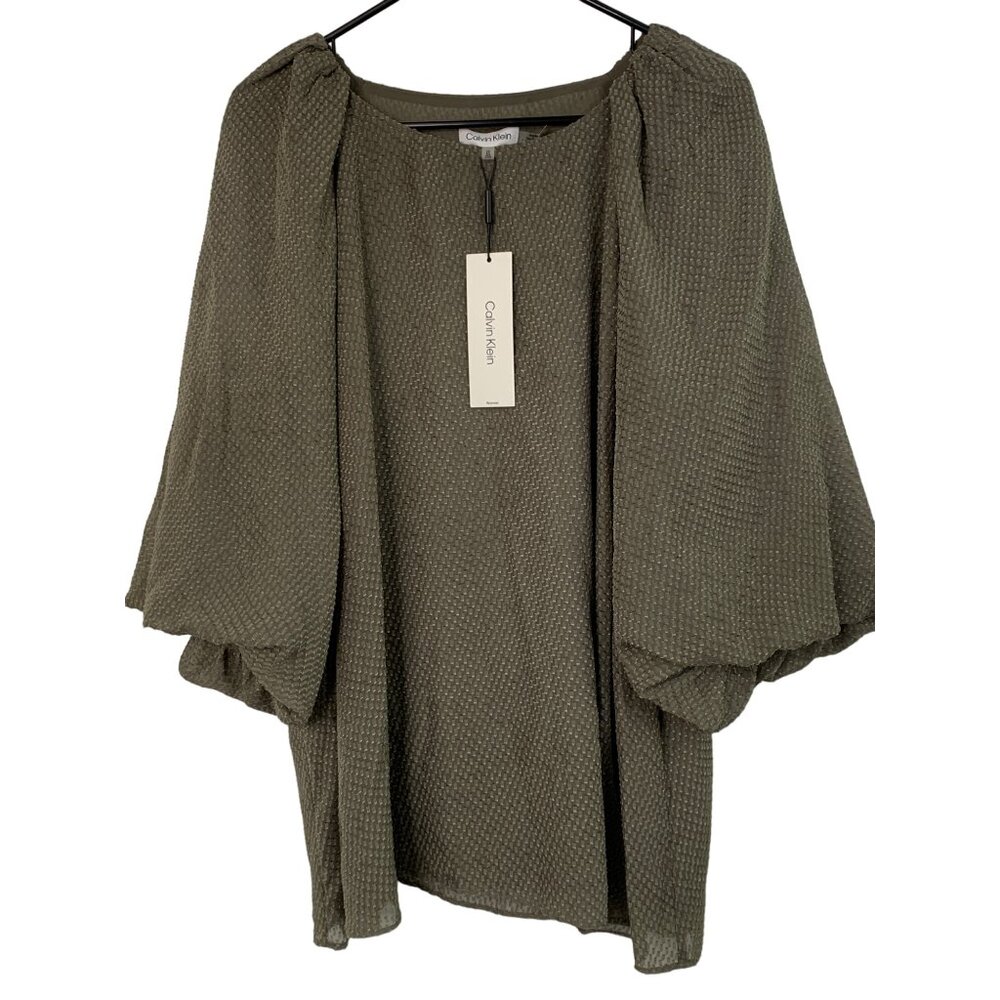 Calvin Klein Womens 2X Olive Green Textured Pouf Sleeve Blouse